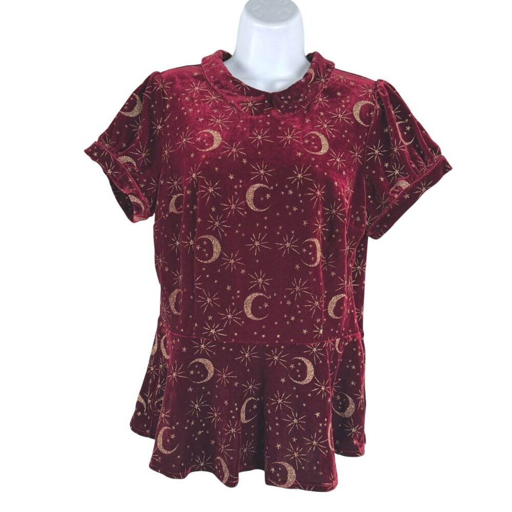 Collectif Velvet Blouse Top Size 8 Moon‎ Stars Celestial Short Sleeve TP-3742